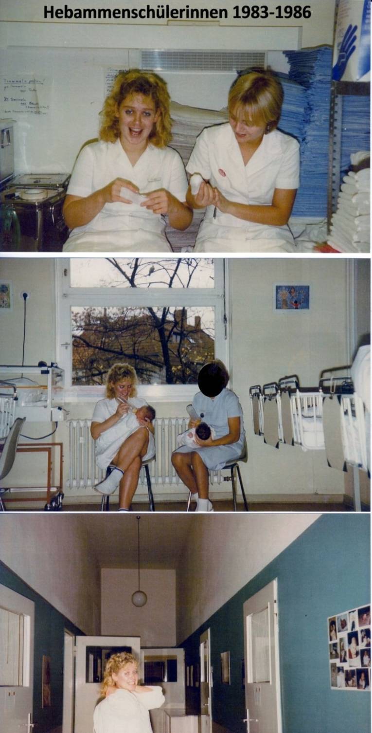 Farbfoto. Man sieht drei Fotos untereinander angeordnet von  Hebammenschülerinnen auf Station in der ehemaligen Landesfrauenklinik Hannover. Auf einem Schriftzug steht "Hebammenschülerinnen 1983-1986. Die jungen Frauen sind bei der Arbeit.